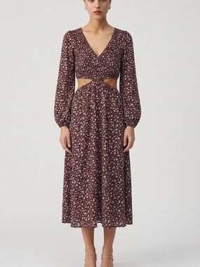 Harper & Me Burgundy Floral Midi Dress with Cutout Waist - US 6 / Aus 10
